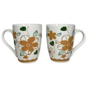Retro Style Mugs Orange and Green Floral Design Set of 2